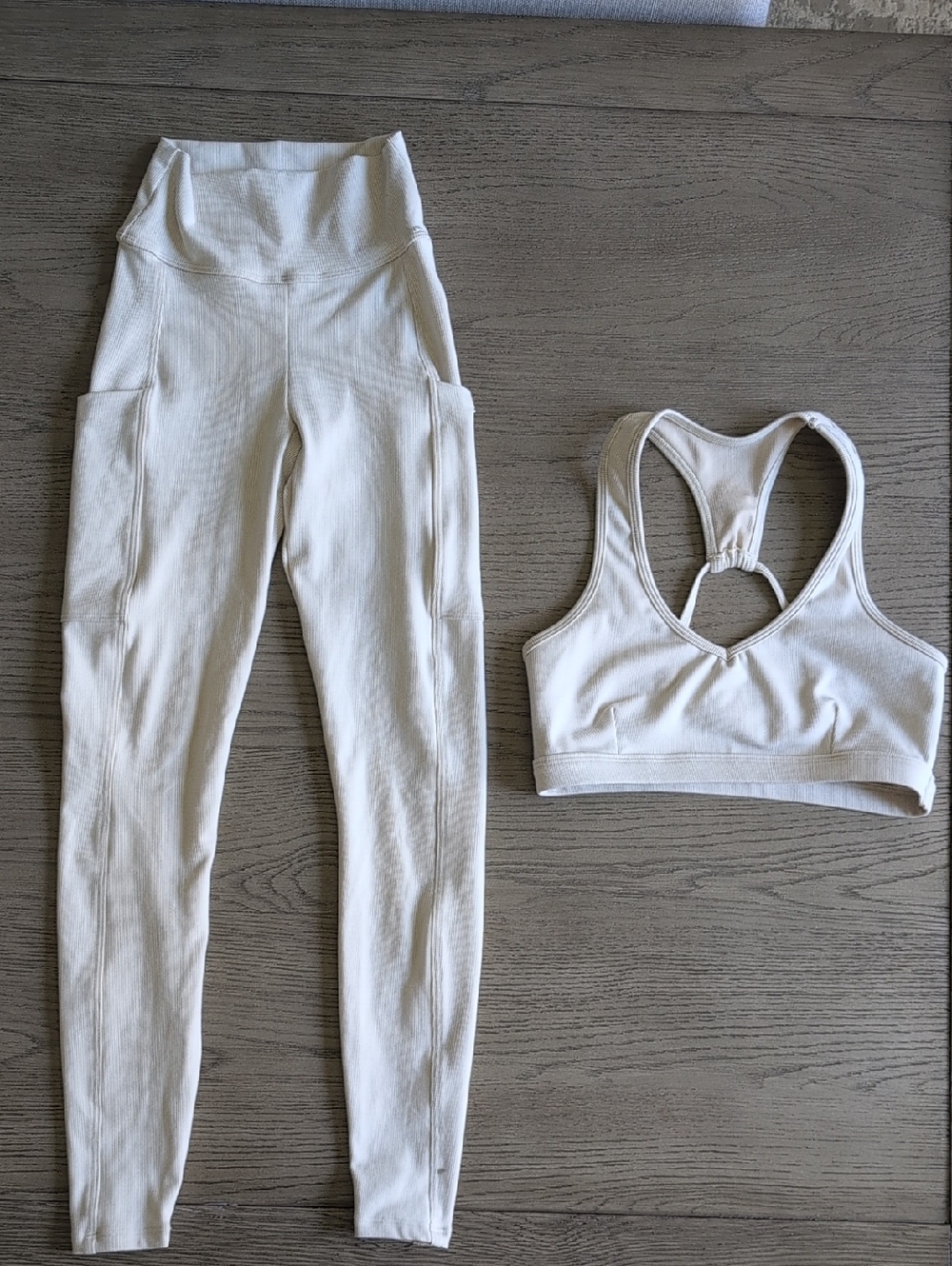 Bombshell Sportswear Cream Ribbed High-Waist Leggings & Matching Sports Bra